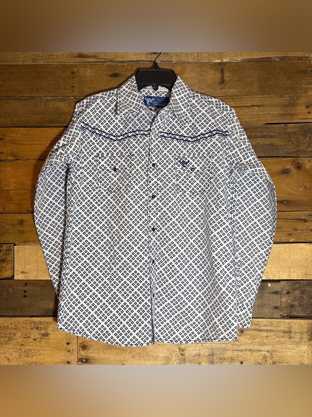 Cowboy Hardware Long Sleeve Pearl Snap Shirt Blue with Embroidered Bronc L 10/12